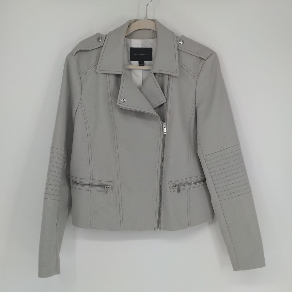 Banana Republic Women's Moto Biker Jacket Size 12 Light Gray Side Zipper Collar